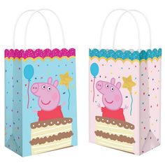 two bags with peppa pig on them, one has a birthday cake and the other has a balloon