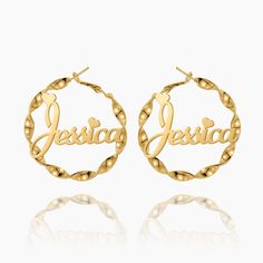 Personalize these hoop earrings with your name, the name of a loved one, or a special word. Crafted from 18K gold and silver plating, this piece is made to last. The bigger the hoops, the bigger the statement! Details: Personalize With: Names, Numbers, or Words. Pendant Size varies by name (3cm-5cm) Arabic Jewelry, Bamboo Hoop Earrings, Twisted Hoop Earrings, Dainty Hoop Earrings, Name Earrings, Bamboo Earrings, Jewelry Charms Pendants, Bangle Ring, Hoop Earrings Gold