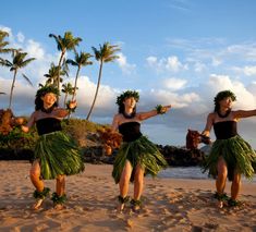 three hula dancers on the beach with palm trees in the background