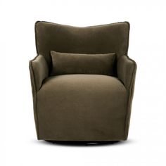 a brown chair with a pillow on it's back and the seat upholstered