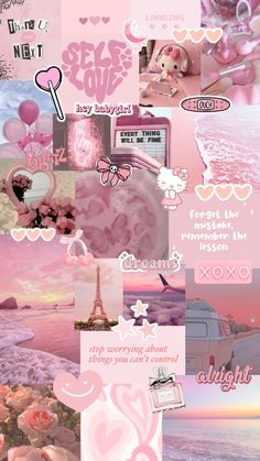 a collage of pink and white images with hearts, flowers, and the eiffel tower in the background