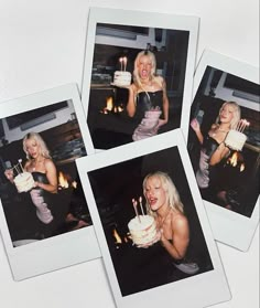 four polaroid photos of women with candles in their mouths and one holding a cake