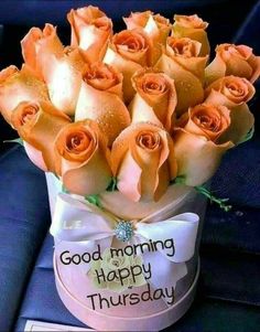 a bouquet of orange roses sitting on top of a car seat next to a sign that says good morning happy thursday