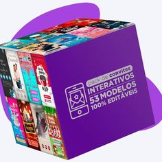 a purple box filled with lots of different types of movies on it's sides