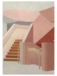 an abstract painting with stairs and pink walls