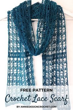 a blue crochet lace scarf hanging on a hanger with text overlay that says free pattern