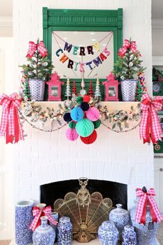 a fireplace decorated with christmas decorations and balloons