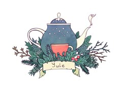 a teapot with holly and berries on it, next to a banner that says yule