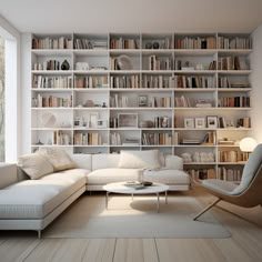 a living room filled with lots of white furniture and bookshelves full of books