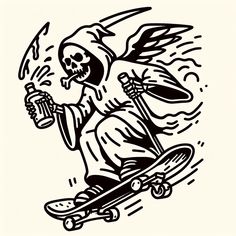 a black and white drawing of a skeleton riding a skateboard with a beer in his hand