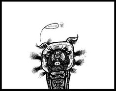 a black and white drawing of a demon with horns on it's head, looking up at the sky