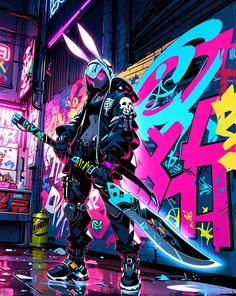 a person with a skateboard in front of a graffiti covered building and neon lights