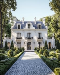 a large white house surrounded by hedges and trees