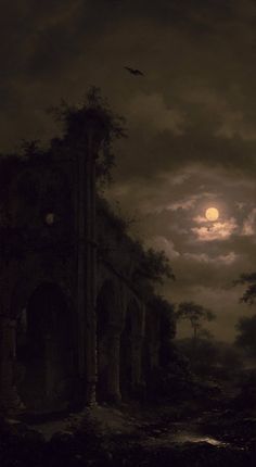 a painting with a full moon in the background