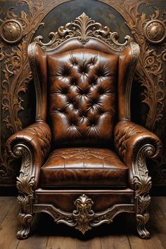 a brown leather chair sitting on top of a wooden floor