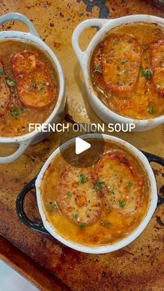 french onion soup is shown in three white dishes