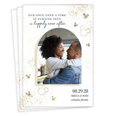 two wedding save the dates cards with an image of a man and woman holding each other