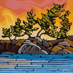 a painting of trees and rocks in the water with an orange sky behind them on a sunny day