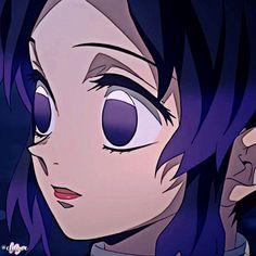 an anime character with purple hair and blue eyes looking at something in front of her