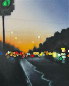 an oil painting of traffic lights at night