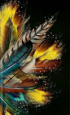 colorful feathers are floating in the air on a black background with white and yellow dots