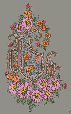 the letter j is made up of flowers and swirls on a gray background with an ornate