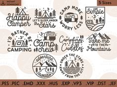 camping badges and stickers with the words happy camper in different font styles on them