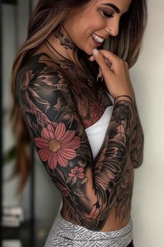 This stunning full-sleeve tattoo for women combines vibrant pink flowers with bold black-and-gray shadingcreating a beautiful contrastPerfect for those looking for a design that balances femininity and strengththis piece adds a pop of color while keeping the details intricate and expressiveTattooForWomen FullSleeveTattoo SleeveTattoo ArmTattoo ShoulderTattoo FloralTattoo TattooSleeve ColorTattoo InspirationTattoo FeminineTattoo BodyArt FlowerTattoo TattooDesign BoldTattoo Floral Back Tattoos Color, Pop Of Color Tattoo Sleeve, Flower Shading Tattoo, Tatto Sleeves Girl, Forearm Tattoo Women Cover Up, Full Sleeve Tattoos Women Black, Black Out Sleeve Tattoo, Feminine Tattoos Sleeve Colorful, Tattoo On Shoulder For Women