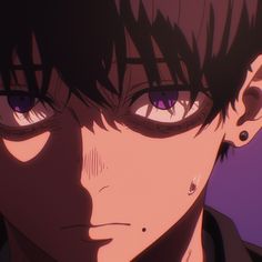 an anime character with black hair and purple eyes looks at the camera while staring into the distance