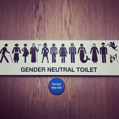 a sign that is on the side of a wooden door saying, gender neutral toilet