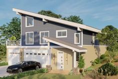 a car is parked in front of a two story house with an attached porch and garage