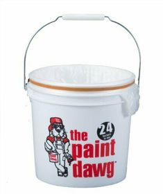 the paint dawg bucket is white and has a brown handle