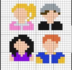 cross stitch pattern with the faces of two people, one in purple and one in yellow