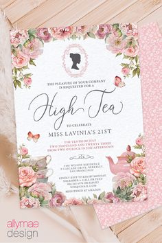 a pink and white floral tea party with the words high tea written in black on it