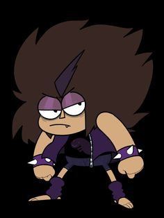 an animated cartoon character with long hair and purple eyes, wearing black gloves and holding his hands