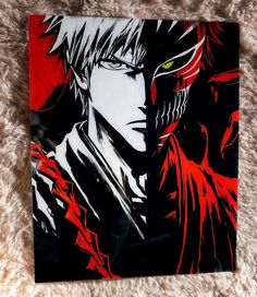 a painting of an anime character with red eyes and black hair on a furry surface