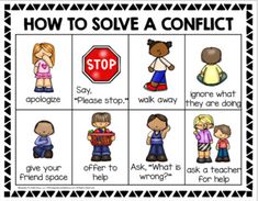 a poster showing how to solve a conflict with other people in front of a stop sign