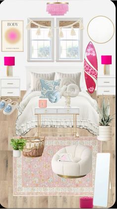 a bedroom with white furniture and pink accents on the walls, along with a surfboard