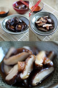 there are two pictures of food in the same bowl, and one has mushrooms on it