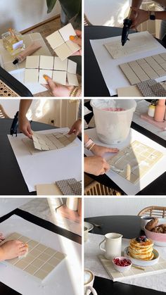 four pictures showing how to cut out tiles on a table