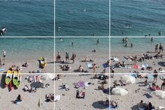 people are on the beach with their surfboards and in the water, while others swim