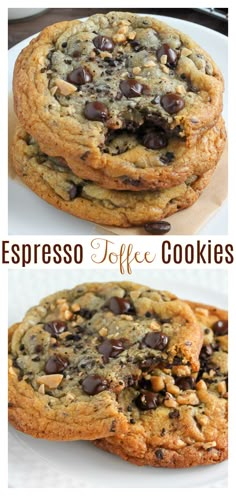 chocolate chip cookies are stacked on top of each other with the words espresso coffee cookies