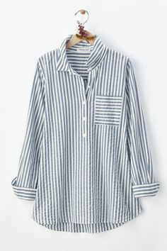 This crinkled cotton shirt takes a fresh new direction, with mixed horizontal and vertical stripes and a touch of rayon for a smoother feel. | Women's Crinkle Cotton Striped Long-Sleeve Shirt Top - Misty Teal Multi - Large Over 70 Womens Fashion, Blue Striped Shirt Outfit, Winter Tunic, Crinkle Cotton, Knit Denim, Striped Long Sleeve Shirt, Vertical Stripes, Petite Size, Shirt Pattern