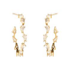 Your newest dainty crystal hoops. Clear crystals arranged in a delicate, angular pattern set to give you a stunning modern look. Mignonne Gavigan, Virtual Fashion, Clear Crystals, Gold Hoop, Gold Hoop Earrings, Bridal Earrings, Charm Earrings, Clear Crystal, Accessories Shop