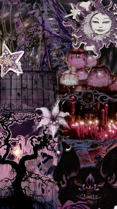 an altered photograph with candles and pictures on it's side, including a tree