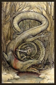 a black and white drawing of a giant snake in the woods with its mouth open