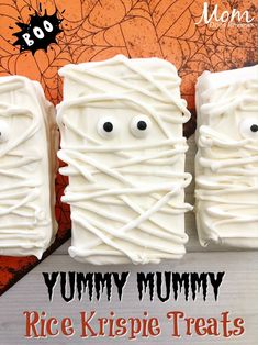 three halloween treats made to look like mummys with googly eyes on them and the words, mommy rice krispie treats