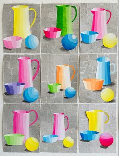 several different colored vases and bowls are shown on a piece of paper with the same color