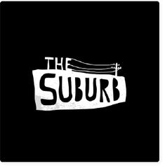 the suburb logo on a black background with white letters and an electric wire above it