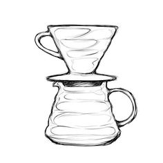 a drawing of a coffee pot with a cup on the top and another one in the bottom